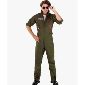 Men’s Top Gun Flight Suit Costume Olive Green XL Pilot Jumpsuit Patches Maverick